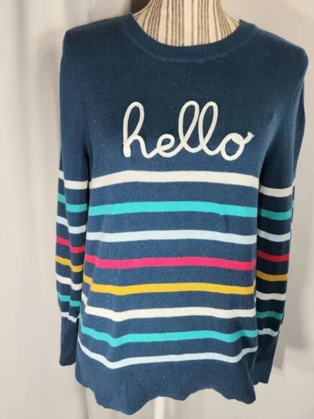Time and Tru Teal w/ Multicolored Stripe Long Sleeve hello Sweater Size Medium
